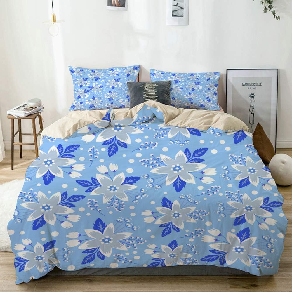 JOSENI Duvet Cover Set Blue Flowers Beige Decorative 3 Piece Bedding Set with 2 Pillow Shams Queen Size