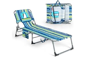 Goplus Tanning Chair, Folding Adjustable Patio Lounge Chair with Face Hole, Removable Pillow, 330LBS, Carry Strap, Outdoor Sunbathing Chair, Lightweight Portable Beach Lounge Chair, No Assembly