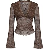 MakeMeChic Women's Deep V Neck Lace Top Floral Mesh Bell Sleeve T Shirts Sexy Crop Tops
