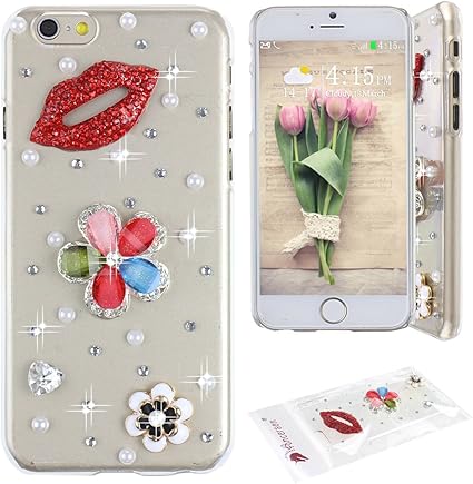 Amazon Ancerson Iphone6 4 7インチに対応 シンプルオシャレのデザイン 手作りデコラインストーンハードケース クリアケース カバー 可愛いキラキラデコプラスチックケース 落下防止 4種類選択可能 赤い唇 カラー花 真珠 ケース カバー 通販