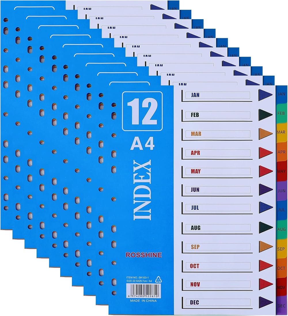 ROSSHINE 10 Pack 1-12 Part File Dividers A4 11-Hole Multi-Color Content List