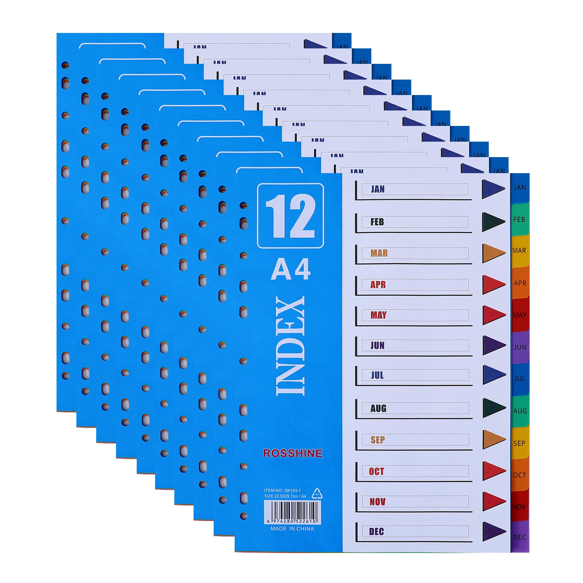 1-12 Month Part File Dividers A4, 【10Pack】 Plastic A4 Folder Dividers for Ring Binders with11-Holes & Content List, Multi-Colour Index Dividers for Lever Arch Files Ideal for Office School