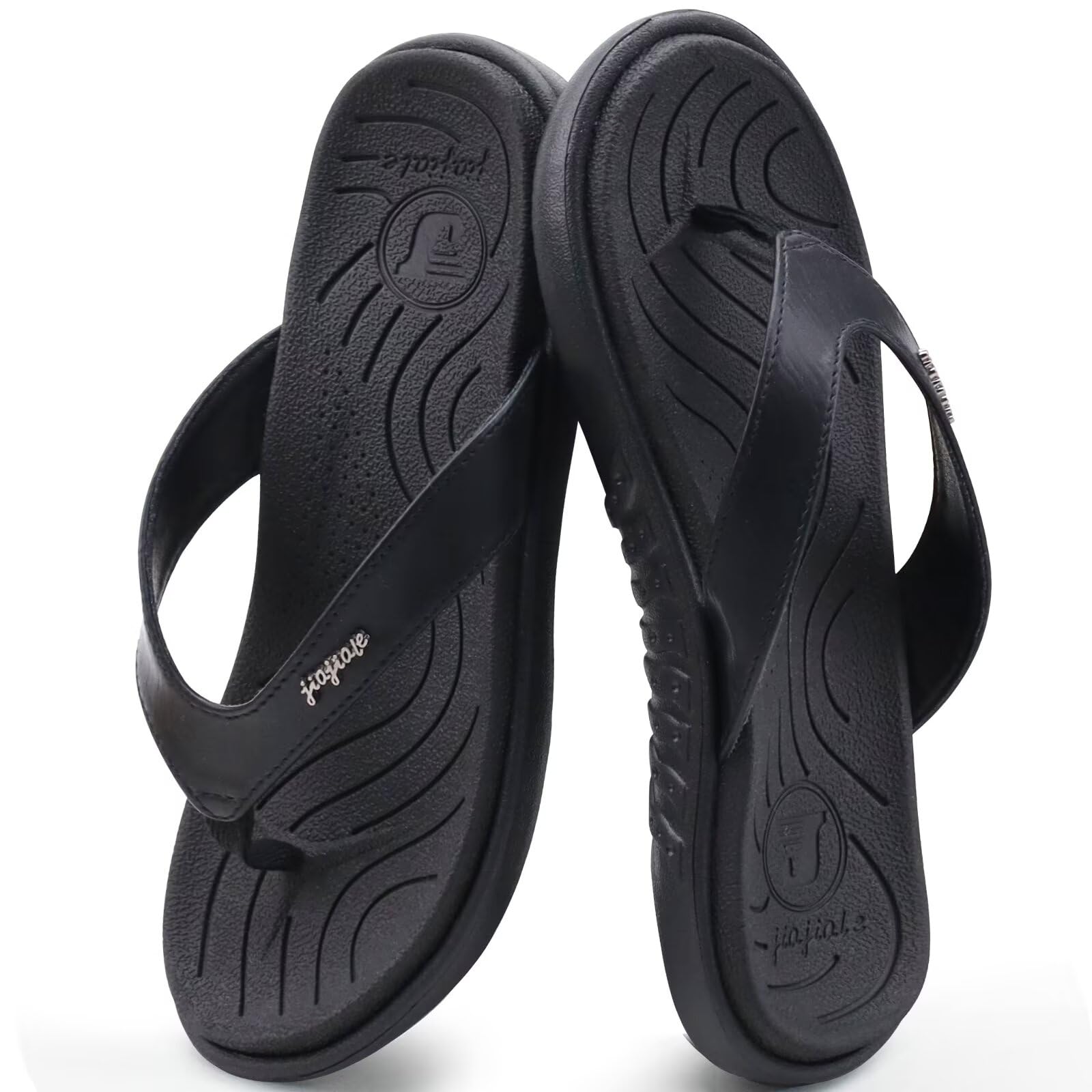 jiajiale Flip Flops Damen Mode Orthopädische Leder Stoff Leicht Zehentrenner Frauen Bequeme Yoga Fußbett Badelatschen Sommer Strand Rutschfest Feste Gummi Sohle Schwarz EU39 7