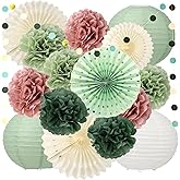 Sage Green and Dusty Rose Party Decorations Set, Paper Lanterns, Hanging Fans, Paper Pom Poms, Garland for Women Girls Birthday, Bridal Shower, Parties, Wedding