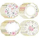 Potchen 48 Pcs Floral Paper Plates with Gold Rim, 9 Inch Eucalyptus Flower Disposable Dinnerware for Bridal Shower, Baby Shower, Birthday, Tea Party, Wedding Decor(300 Gsm)