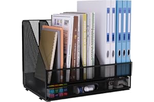 PAG-Mass Mesh Desk Organizer with Drawer, Vertical Desktop File Folder Holder, Countertop Mail Sorter Paper Letter Tray, Office Supplies and Accessories Organization for Men and Women, Black