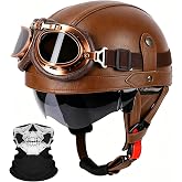 German Style Motorcycle Helmets, Retro Leather Half Helmet, DOT Approved Adult Men Women Vintage Half Face Helmet, with Goggles, for Moped Bike Cruiser Scooter Chopper (Brown, L)