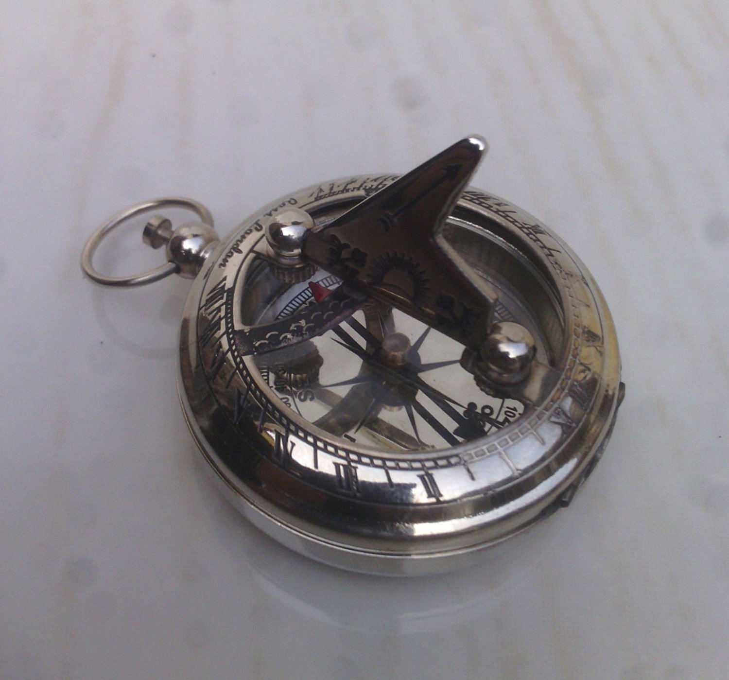 Samara Nautical Chrome Antique Vintage Brass Pocket Sundial Compass