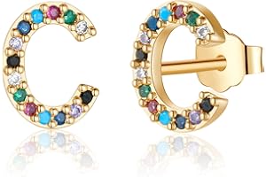 Memorjew Initial Stud Earrings for Women, Hypoallergenic 925 Sterling Silver Post Rainbow Cubic Zirconia 14K-Gold-Plated 26 Initial Earrings for Women Jewelry Gifts