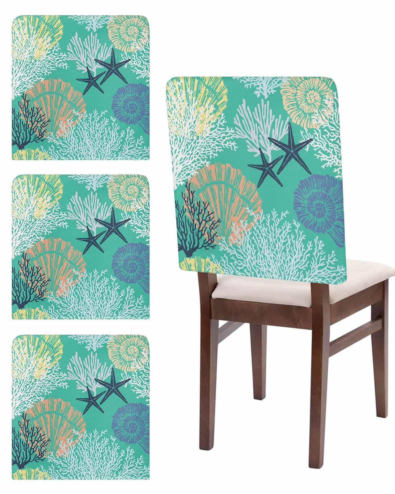 Photo 1 of Nautical Coastal Chair Covers Set of 4 Starfish Ocean Coral Chair Slipcover Protector Removable Stretch Chair Covers Aqua Green Beach Chair Back Covers for Dining Chairs Kitchen Dinner Party Summer