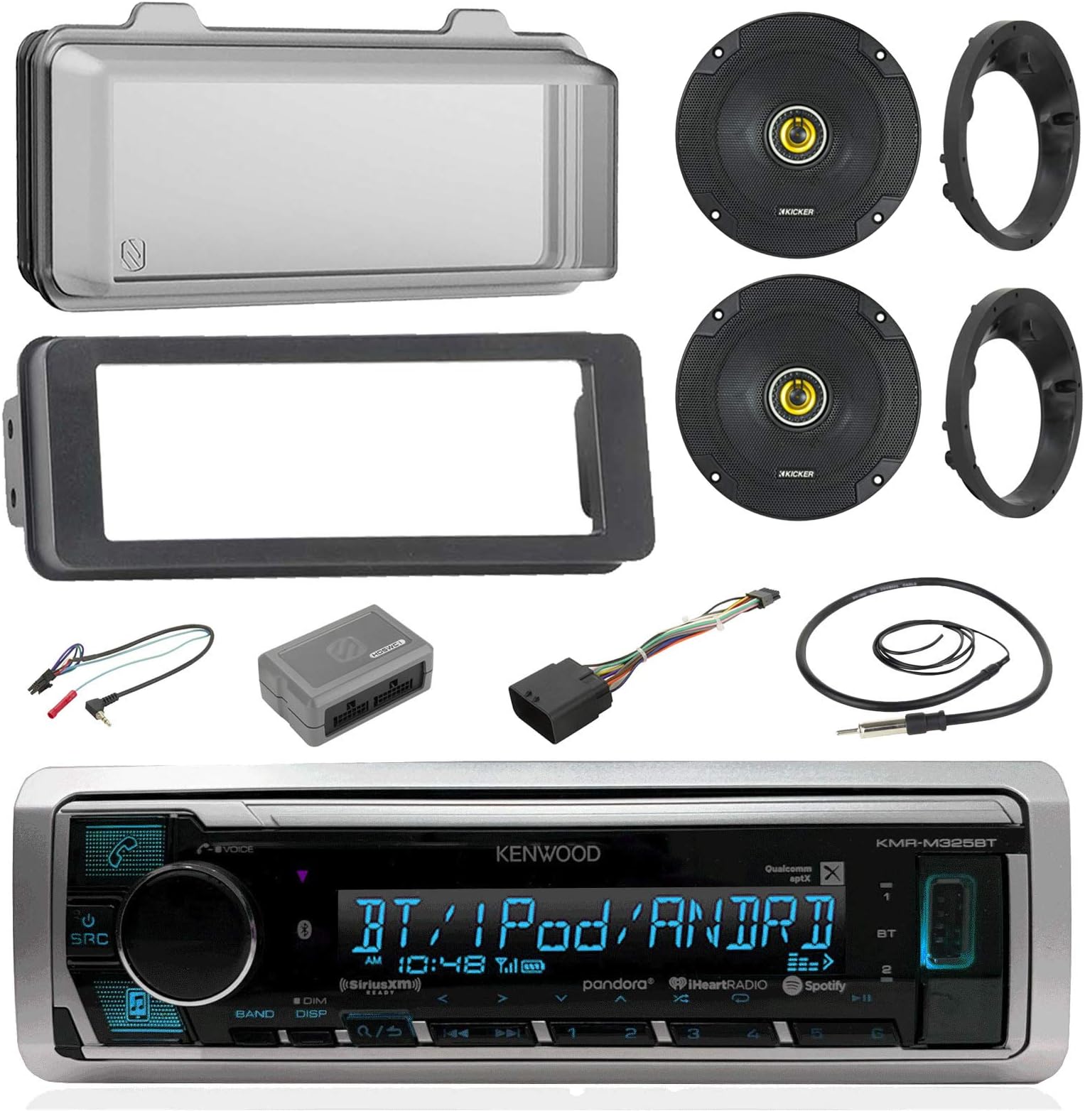 Kenwood KMRM318BT MP3 Stereo Receiver Player W/ Cover -Bundle Combo with 2X Kicker 6.5" Speakers W/ Brackets + Dash Trim Kit + Handle Bar Conroller Works for 98-13 Harley Motorcycles + Enrock Antenna