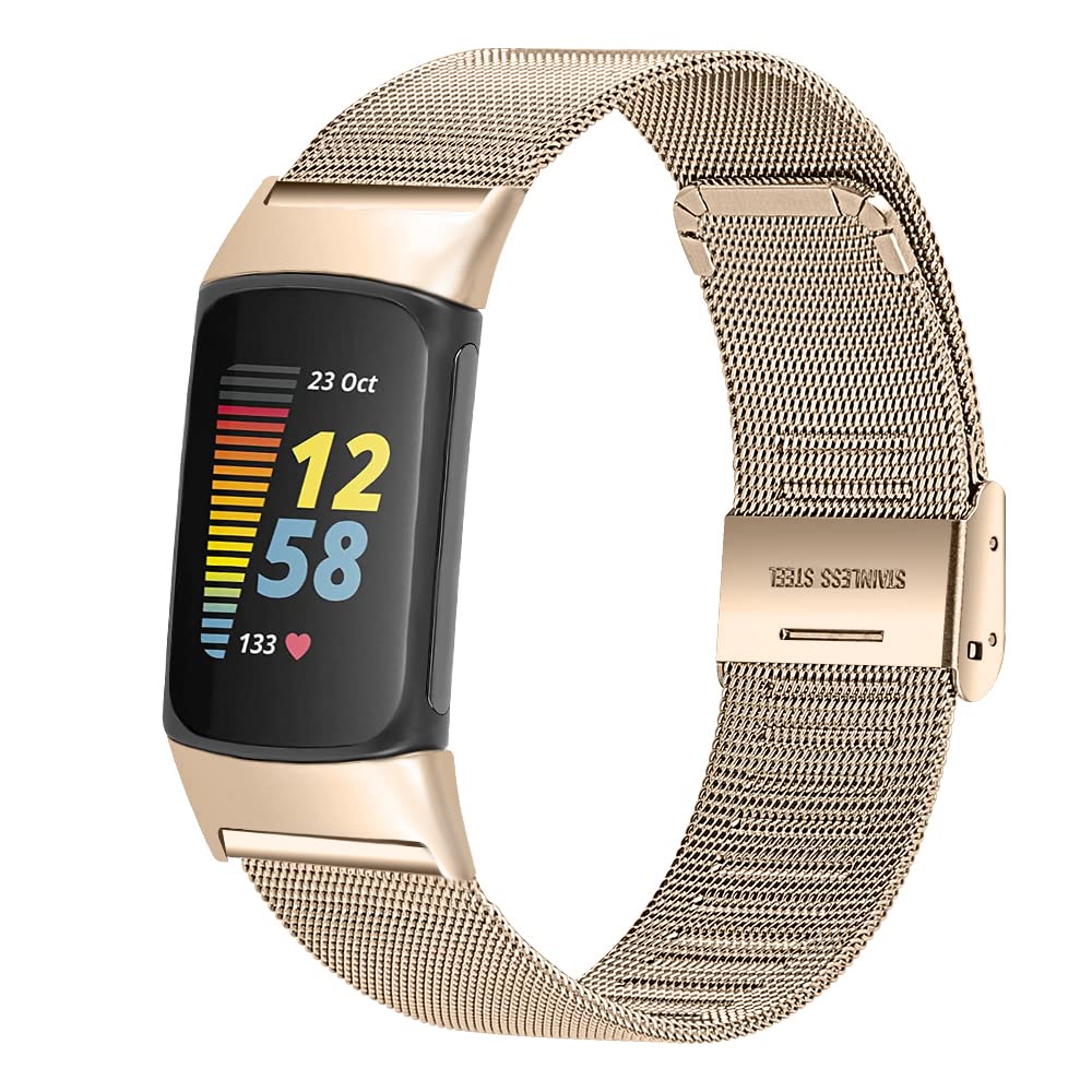Chofit Replacement Strap Compatible with Fitbit Charge 6/Charge 5 Straps, Woven Metal Stainless Steel Replacement Bands Business Wristband for Charge 5 Activity Tracker (Champagne)
