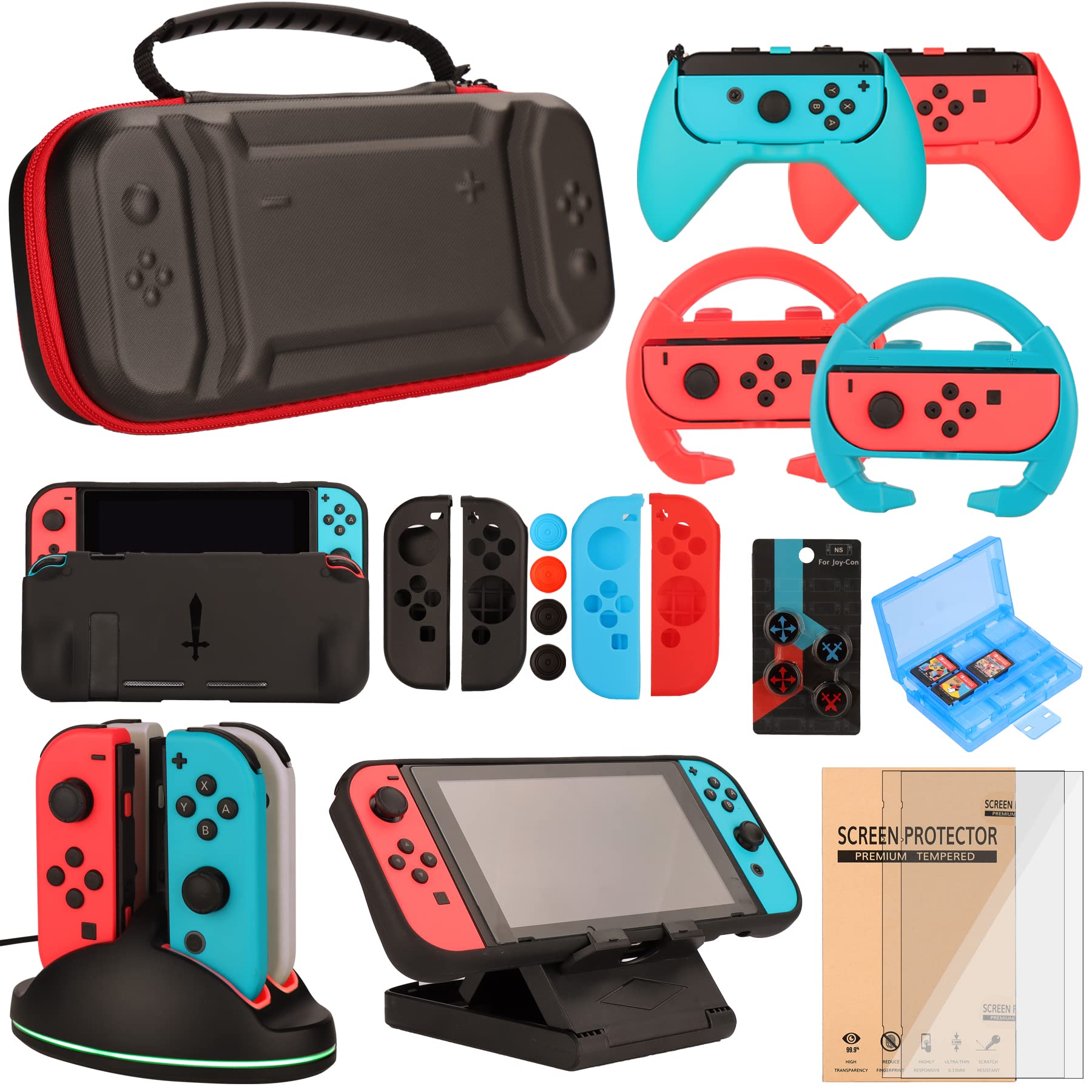 Switch Accessories Bundle for Nintendo Switch Games, Kit with Carrying Case, Steering Wheels, Screen Protectors, Charging Dock, Grips, Caps (23 in 1) Image