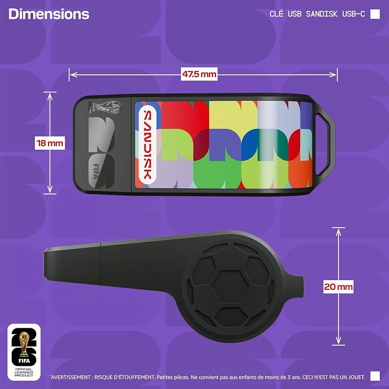 Clé USB-C Édition Mondiale de la Coupe du Monde de la FIFA 2026, 64 Go (Vitesses de Transfert allant Jusqu’à 300 Mo/s, l’Application SANDISK Memory Zone)