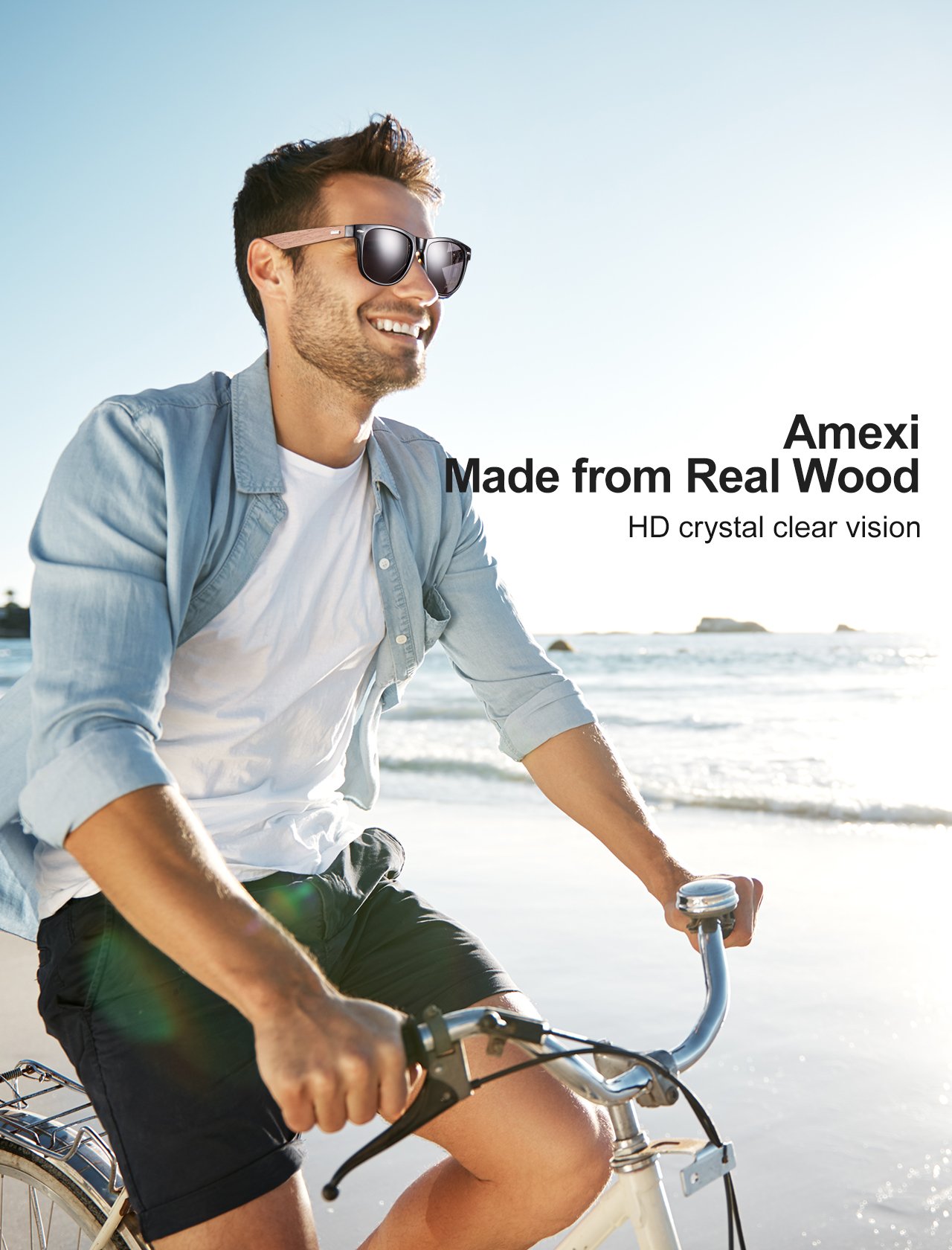 Amexi occhiali da sole in legno UV400 - occhiali con astine in bambù unisex uomo donna - con custodia vintage - diversi colori/Sport Outdoor Sport Pesca Ultra Leggero Occhiali da sole (black)