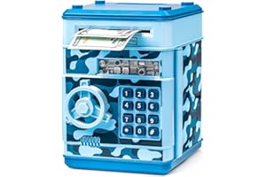 ATM Piggy Bank for Boys Girls, Vcertcpl Mini ATM Coin Bank Money Saving Box with Password, Kids Safe Money Jar for Adults with Auto Grab Bill Slot, Great Gift Toy Bank for Kids (Camouflage Light Blue)