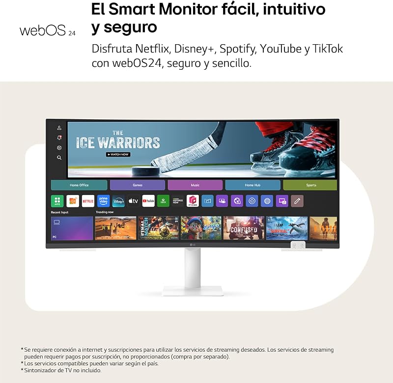 34U601SA-W - Smart Monitor 34" VA Panel (3440 x 1440), 100 Hz, 5 ms (GtG), webOS 24, Touch Screen, 4K, Inclui Canais e Portal Gaming, Inclinação Ajustável, Branco