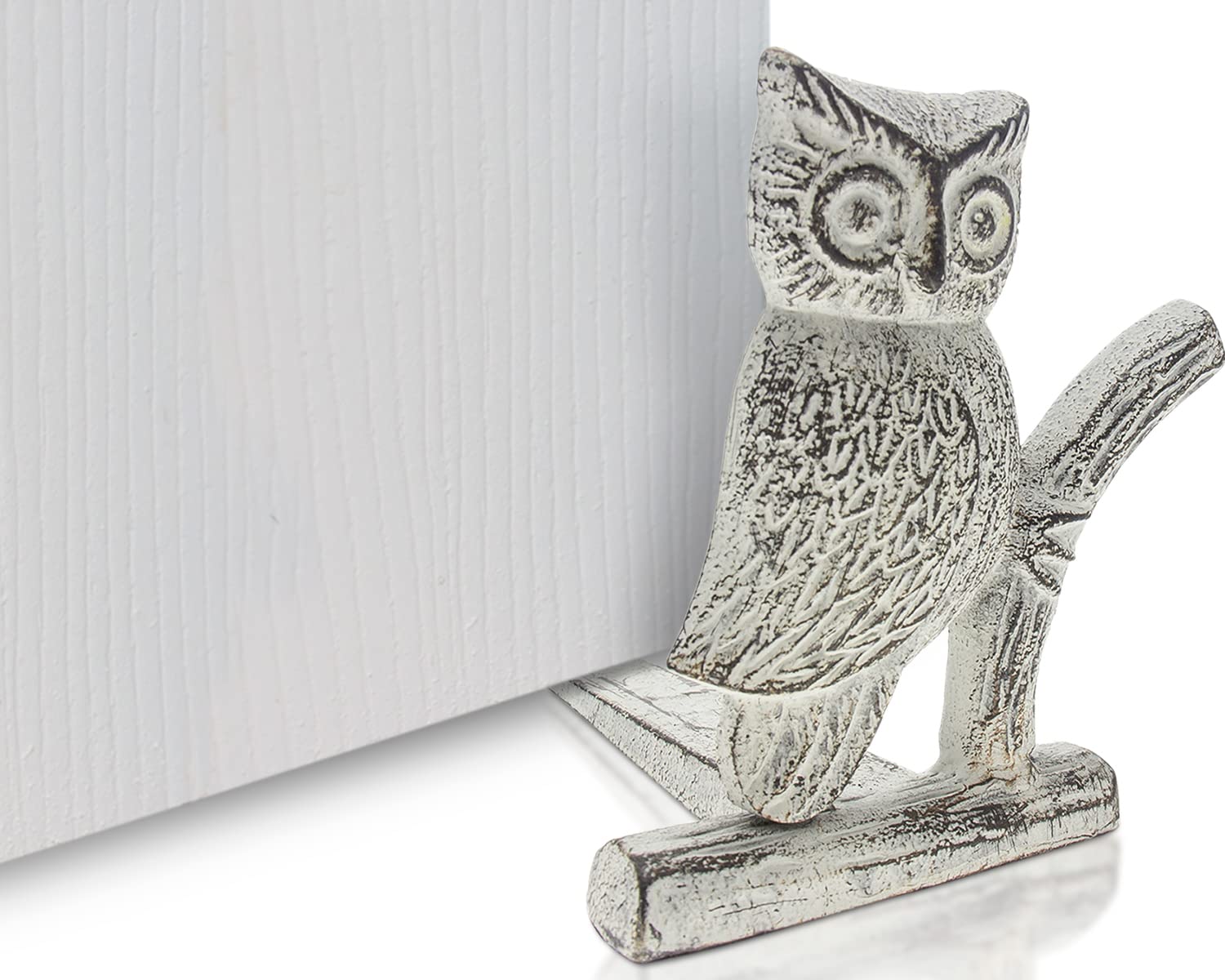 Photo 1 of Cast Iron Owl Door Stop | Decorative Door Stopper Wedge | with Padded Anti-Scratch Felt Bottom | Vintage Rustic Design Owl Shape | 6x6.5x6.3” | Rustic White