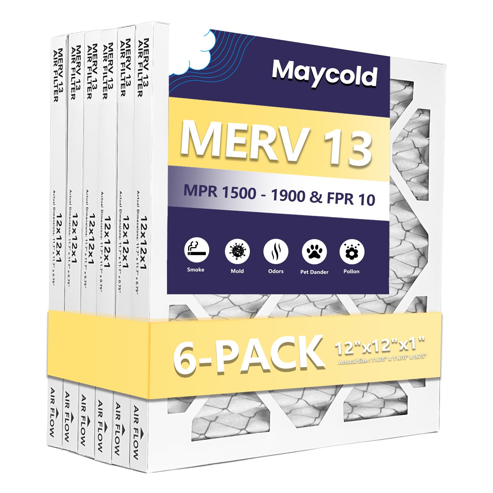 Photo 1 of Maycold MERV 13 12x12x1 Air Filter (6-Pack), High-Efficiency Pleated AC & Furnace Filters, Actual Size: 11.70” x11.70” x 0.75”, Individually Wrapped in Plastic