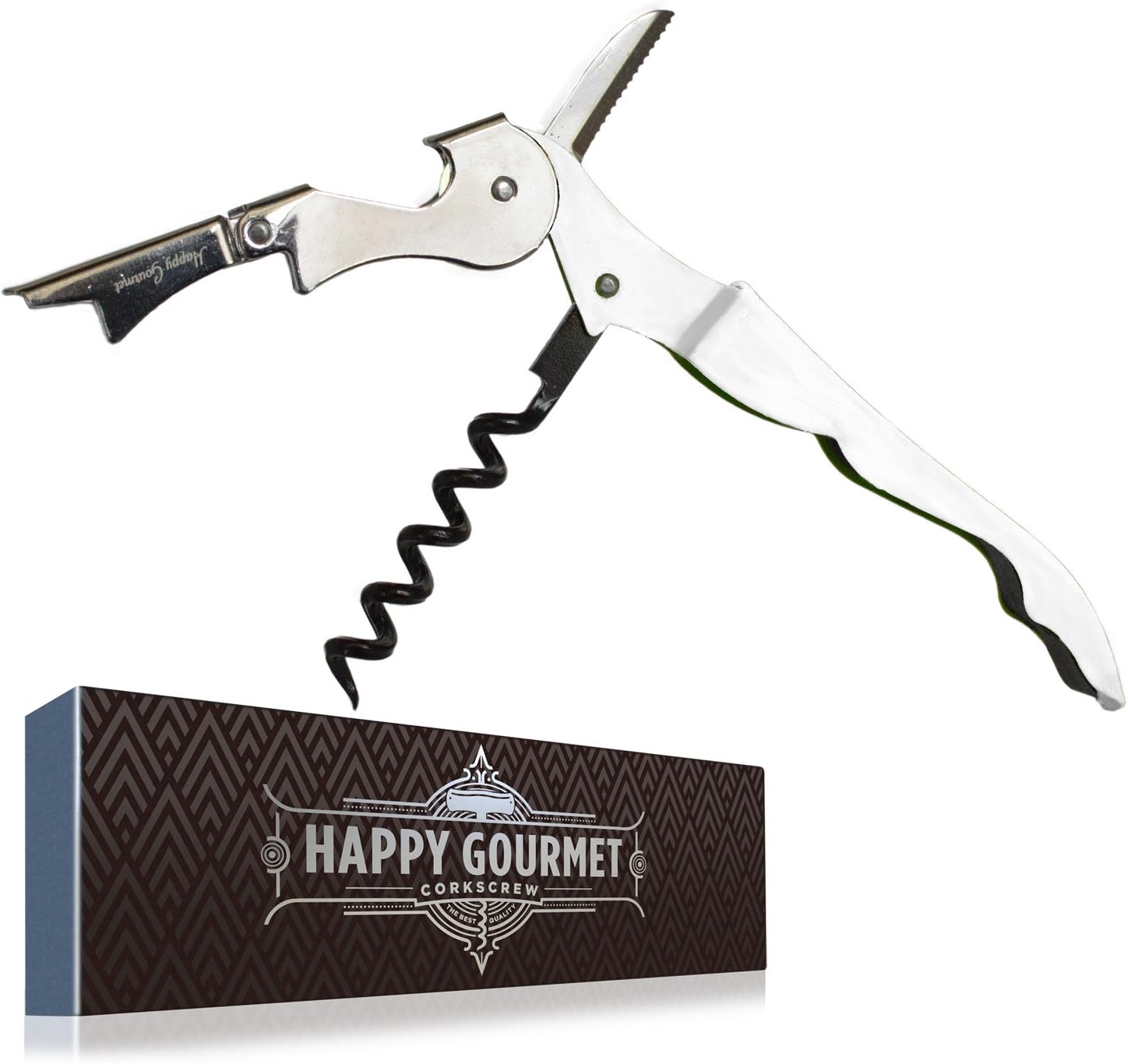Waiters Corkscrew by Happy Gourmet Kitchenware - All-in-one Corkscrew, Wine Opener, Bottle Opener and Foil Cutter (White)