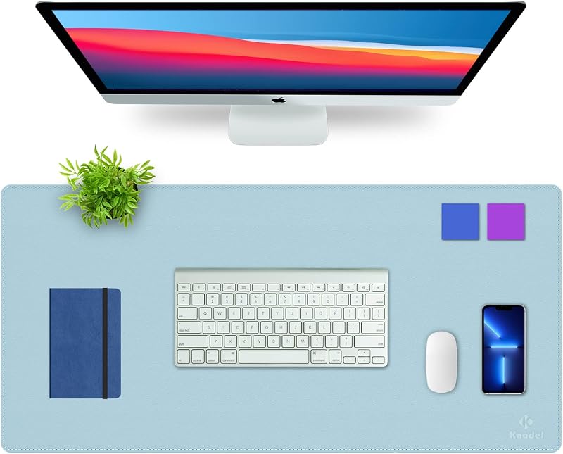 K KNODEL Desk Mat Blotter Dual-Sided PVC Leather Pad 60x35cm Light Blue
