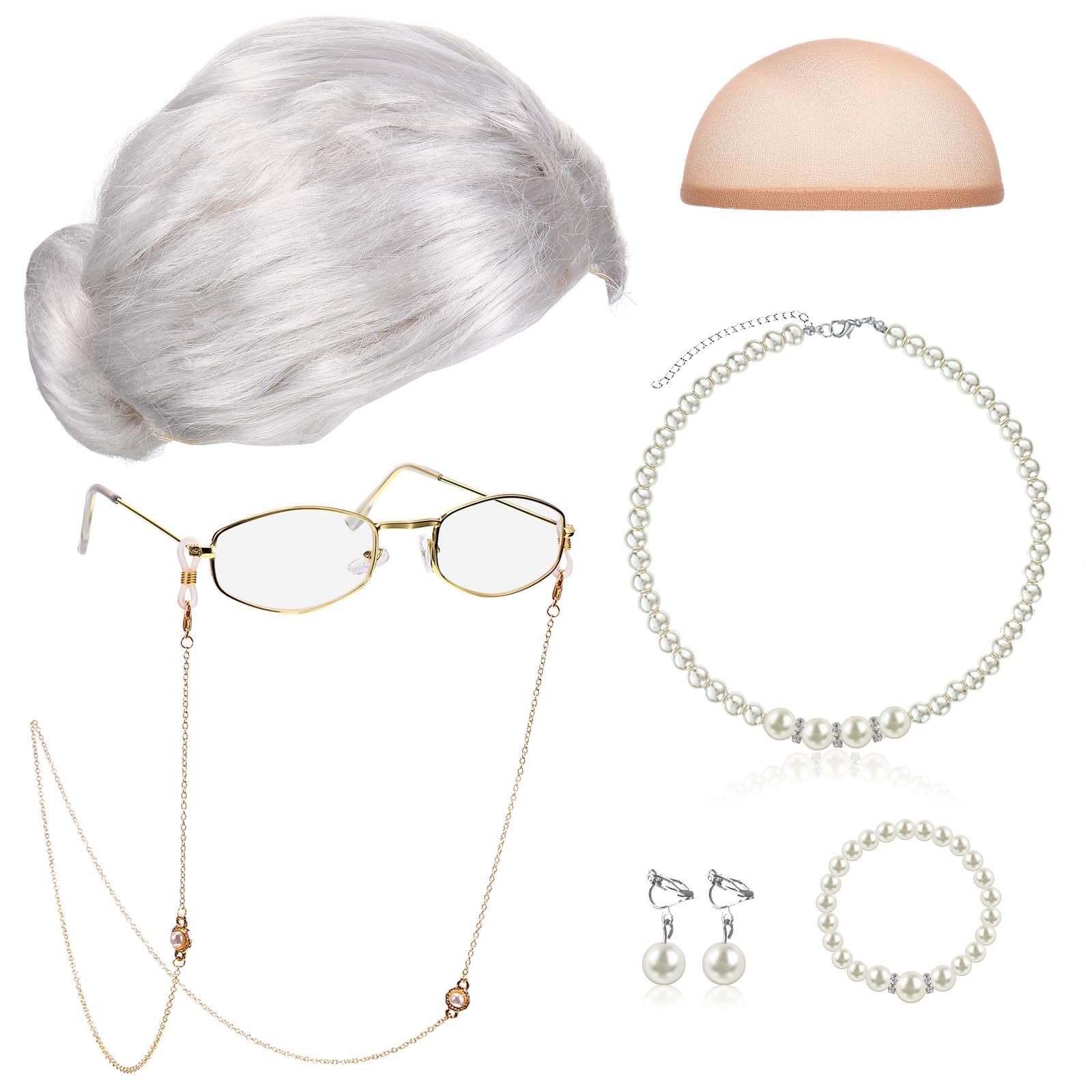 Photo 1 of Gejoy 7 Pcs Old Lady Wig Costume Set Grandma Hair Cap Glasses Chain Pearl Necklace for 100th Day of School Props Cosplay