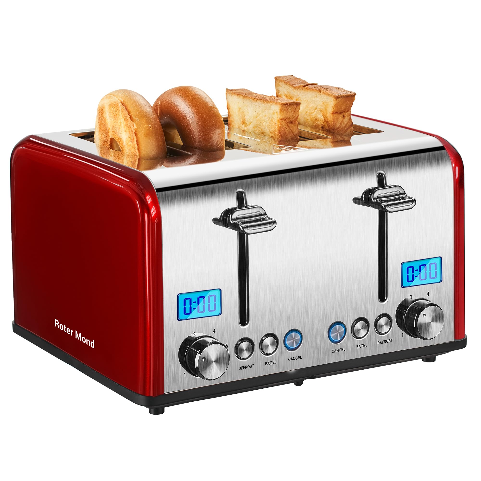 Photo 1 of Roter Mond Countdown Stainless Steel 4 Slice Toaster with Bagel, Defrost, Cancel Function, Dual Toaster, Extra Wide Slots, 6 Shade Settings, Removable Crumb Trays, 1650W, Red