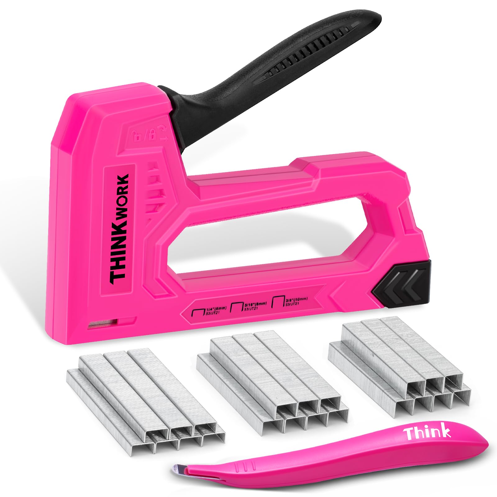 THINKWORK Light Duty Staple Gun, Pink Upholstery Staple Gun for Wood with 1600pcs JT21 Staples 1/4", 5/16", 3/8" and Staple Remover, Women Fabric Stapler Gun for Crafts, Wall, Arts, DIY, Decortion