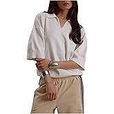 SHENHE Women's Fall Sweater Half Sleeve Drop Shoulder Collared Baggy Knit Jumper Tops Cream Medium