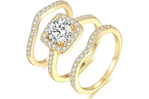 18K Yellow Gold Plated Cubic Zirconia Three-in-One Halo Wedding Engagement Promise Eternity Ring for Women