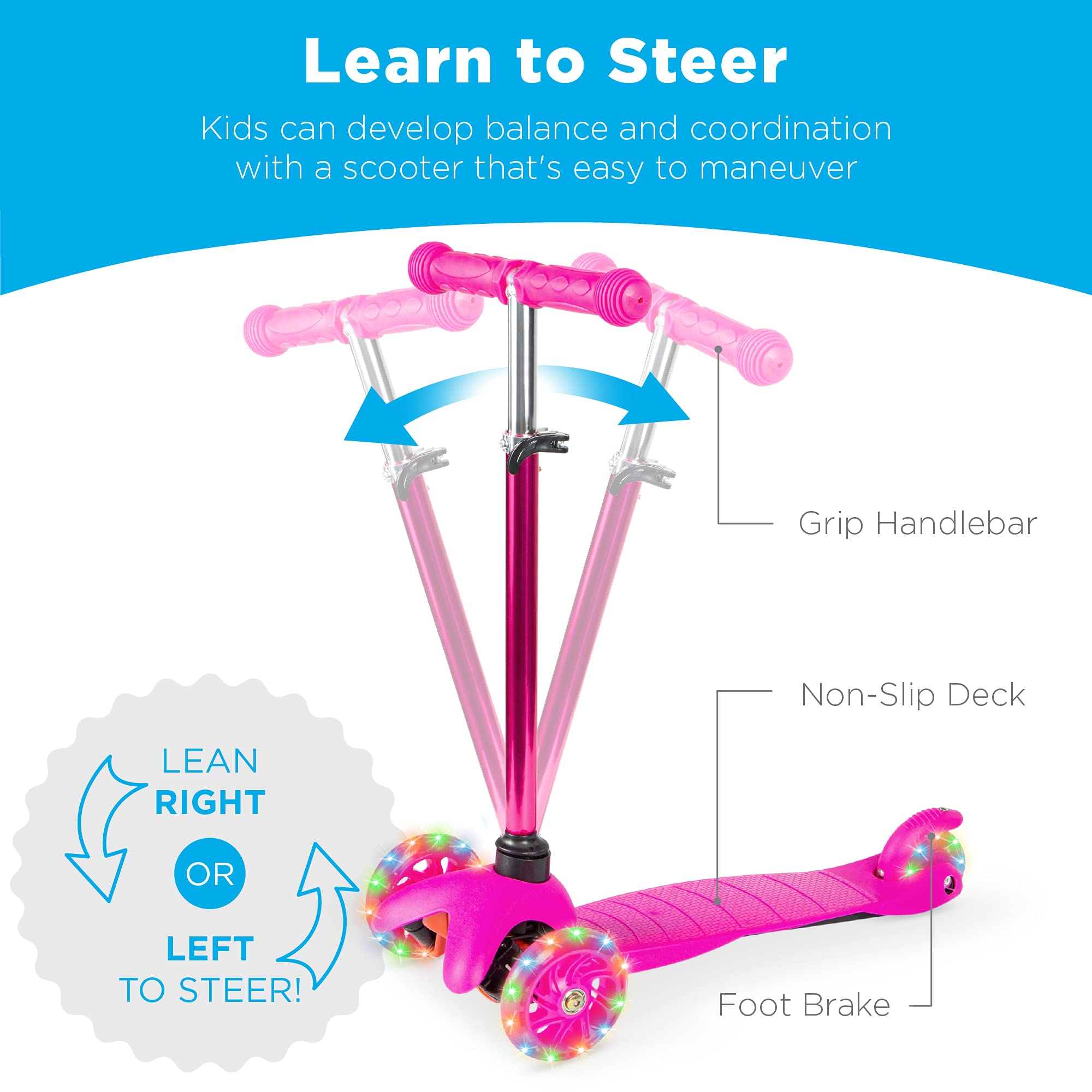 Best Choice Products Kids Mini Kick Scooter Toy w/ Light-Up Wheels, Height Adjustable T-Bar, Foot Break - Pink