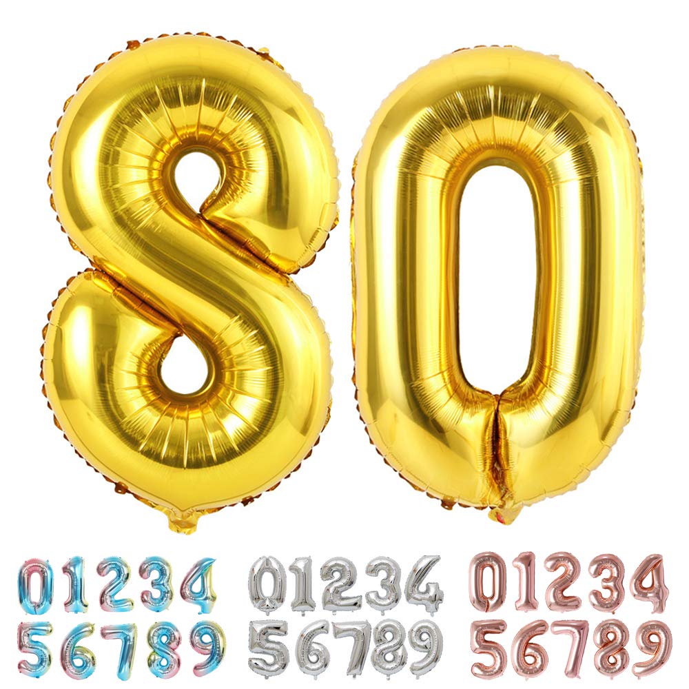 Ponmoo Foil Balloon Number 80 Gold, Giant Numbers 0 1 2 3 4 5 6 7 8 9 10-19 20-29 30-39 40-49 50-60-70-80-90-100, Large Balloons for Wedding Anniversary Birthday Party Decoration