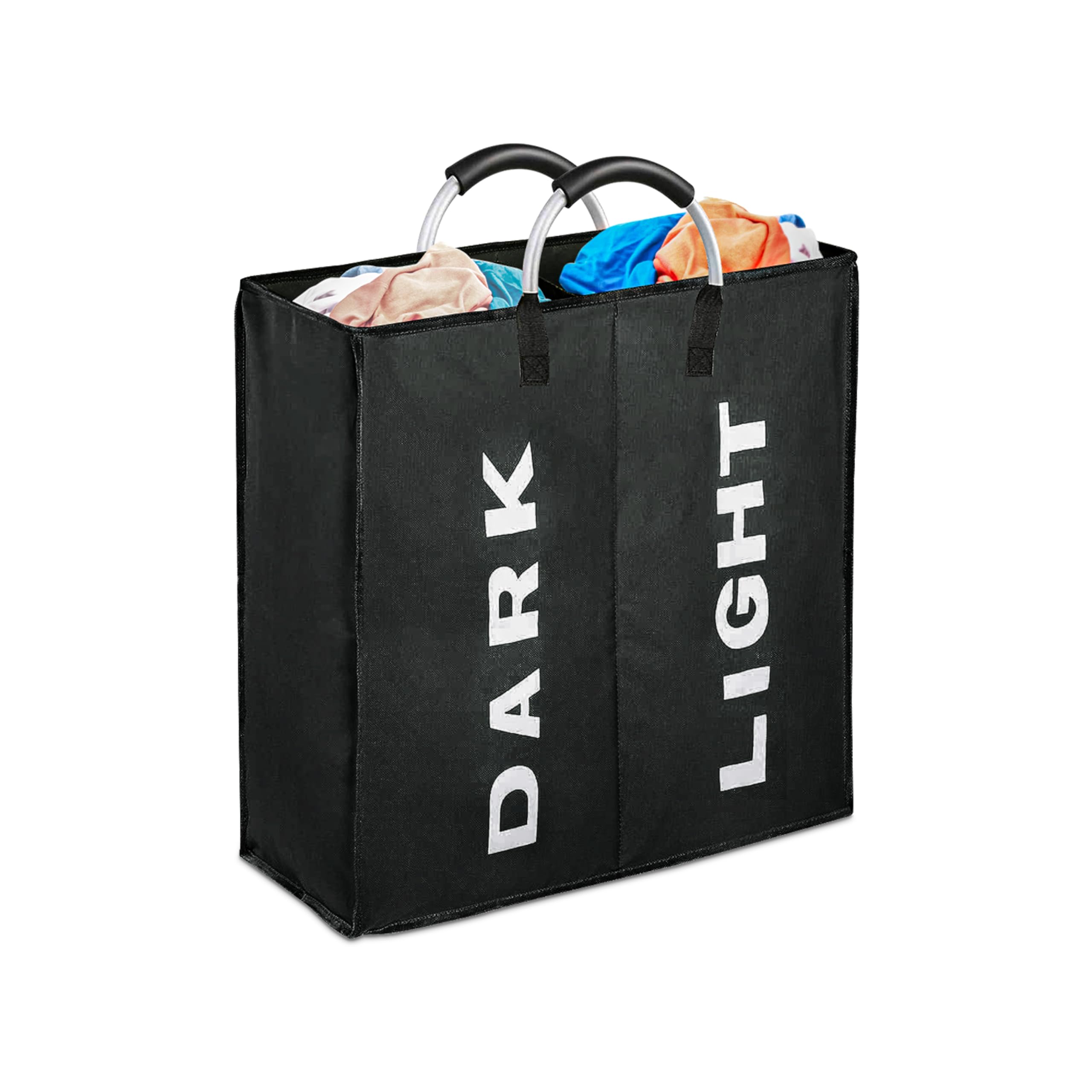 SPICOM 80L Laundry Basket with 2 Compartments Aluminium Handles Fabric Collapsible Foldable Laundry Bags Hamper Washing Storage Bin for Bedroom PE Coating Waterproof Texture (Black, 80L)