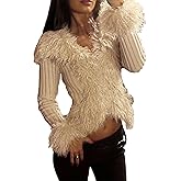 Sweater Jacket for Women Elegant Knit Long Sleeve V Neck Fur Sleeve Cardigan Fall Coat