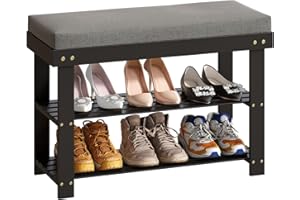 GHWIE Bamboo Shoe Rack Bench,Storage Organizer with Padded seat,3-Tier Shoe Rack for Entryway(Black)