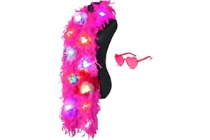 JICASTO Colorful Feather Boas, 6.6ft Boa with 20 Color Lights for Women for Dancing Party Halloween,with Heart Sunglasses