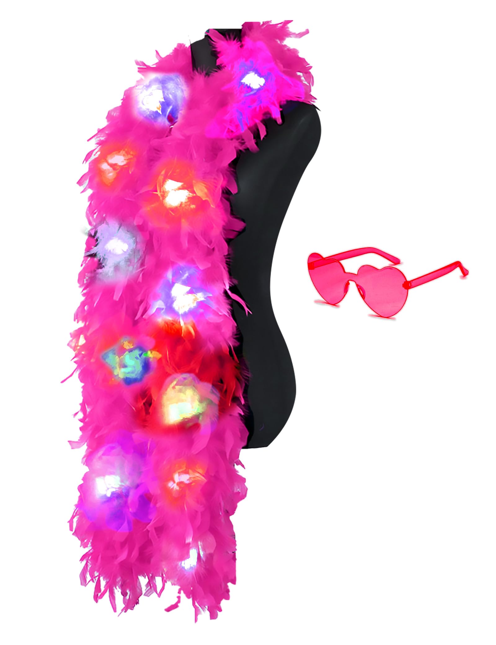 JIANGLAI Colorful Feather Boas, 6.6ft Boa with 20 Color LED Lights for Women for Dancing Wedding Party Halloween, with Heart Sunglasses (Hot Pink)