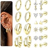 GEMQUEEN Flat Back Earrings : Hypoallergenic 14K Gold Plated Surgical Steel Earrings for Sensitive Ears - Chunky Hoop Huggies Earring Dainty Cartilage Helix Muliple Piercing Jewelry for Women Men