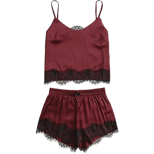 MAKEMECHIC Women's Lace Satin Sleepwear Cami Top and Shorts Pajama Set