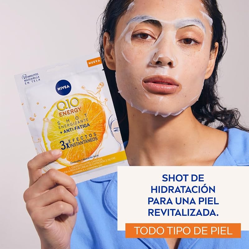 Q10 Energy Mascarilla de Tejido con Vitamina C (1 ud) - Mascarilla Antiarrugas, 3 Efectos Instantáneos, Coenzima Q10, Vitaminas - Piel Seca, Mixta, Normal - 1 Unidad