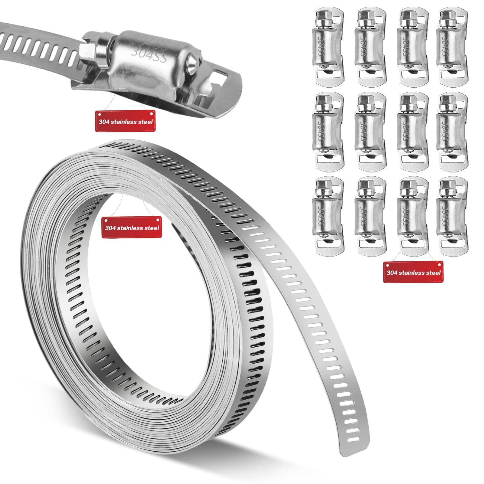 304 Stainless Steel Hose Clips, Metal Straps Pipe Clamps - Worm Gear Band Screw Clamps with 12 Fasteners (16.4 Ft)