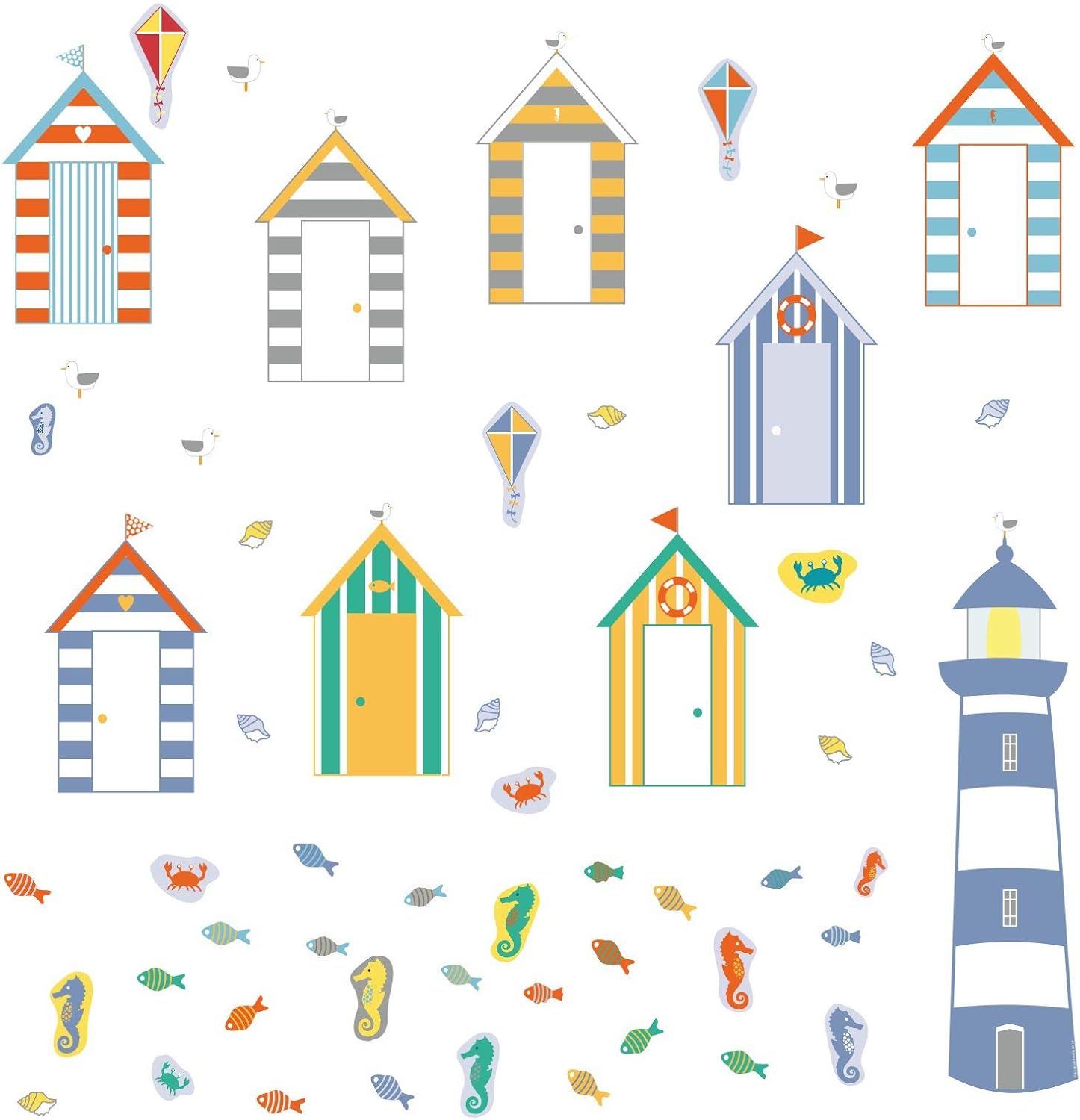 Reusable Seaside Beach Hut Wall Stickers, Blue Beach Hut Fabric Wall