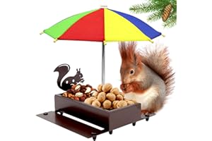 BEYOOGEEM Squirrel Feeder with Umbrella, Metal Squirrel Feeders for Outside with Corn Cobs, Durable Squirrel Feeder Picnic Table with Solid Structure, Funny Chipmunk Feeder for Corn Peanuts (Brown)