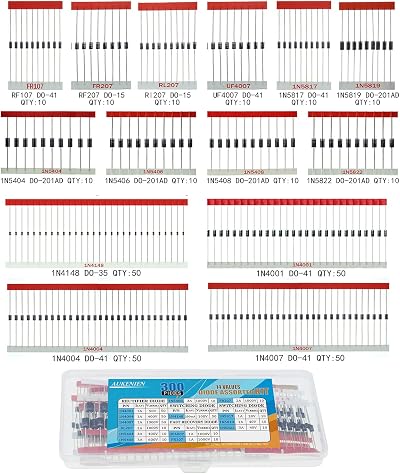 AUKENIEN 300pcs 14 Value Diode Assortment Kit 1N4148 1N4007 1N5819 Schottky