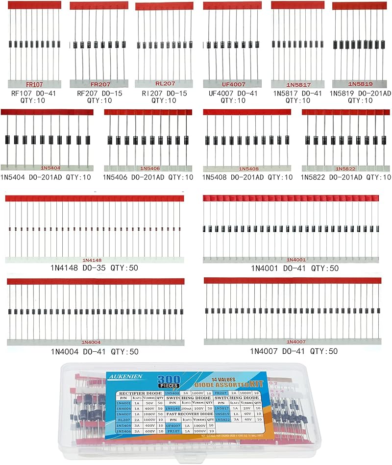 AUKENIEN 300pcs 14 Value Diode Assortment Kit 1N4148 1N4007 1N5819 Schottky