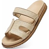 ZEENXIUYA Women's Slide Sandals with Comfort Arch Support, Adjustable Velcro Summer Beach Slides, Lightweight Slip on H-Strap Leather Open Toe Wide Flat Sandal