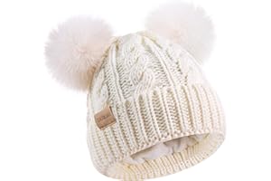 Children’s Winter Beanie Warm Knitted Fleece Lined Kid Ski Pom-Pom Warm Knit Hat for Boys & Girls 3-9 Years White, White, One
