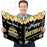 Kuxriox Large Happy Birthday Card With Envelope, Black Gold Happy Birthday Giant Guest Book Gifts for Men Women, Big Happy Birthday Card Gifts Party Supplies, Jumbo Happy Guest Book Greeting Card