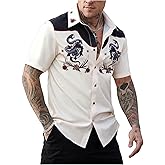 BEAUDRM Men's Western Cowboy Button Down Shirts Short Sleeve Holiday Collared Shirt Top 70s Outfits