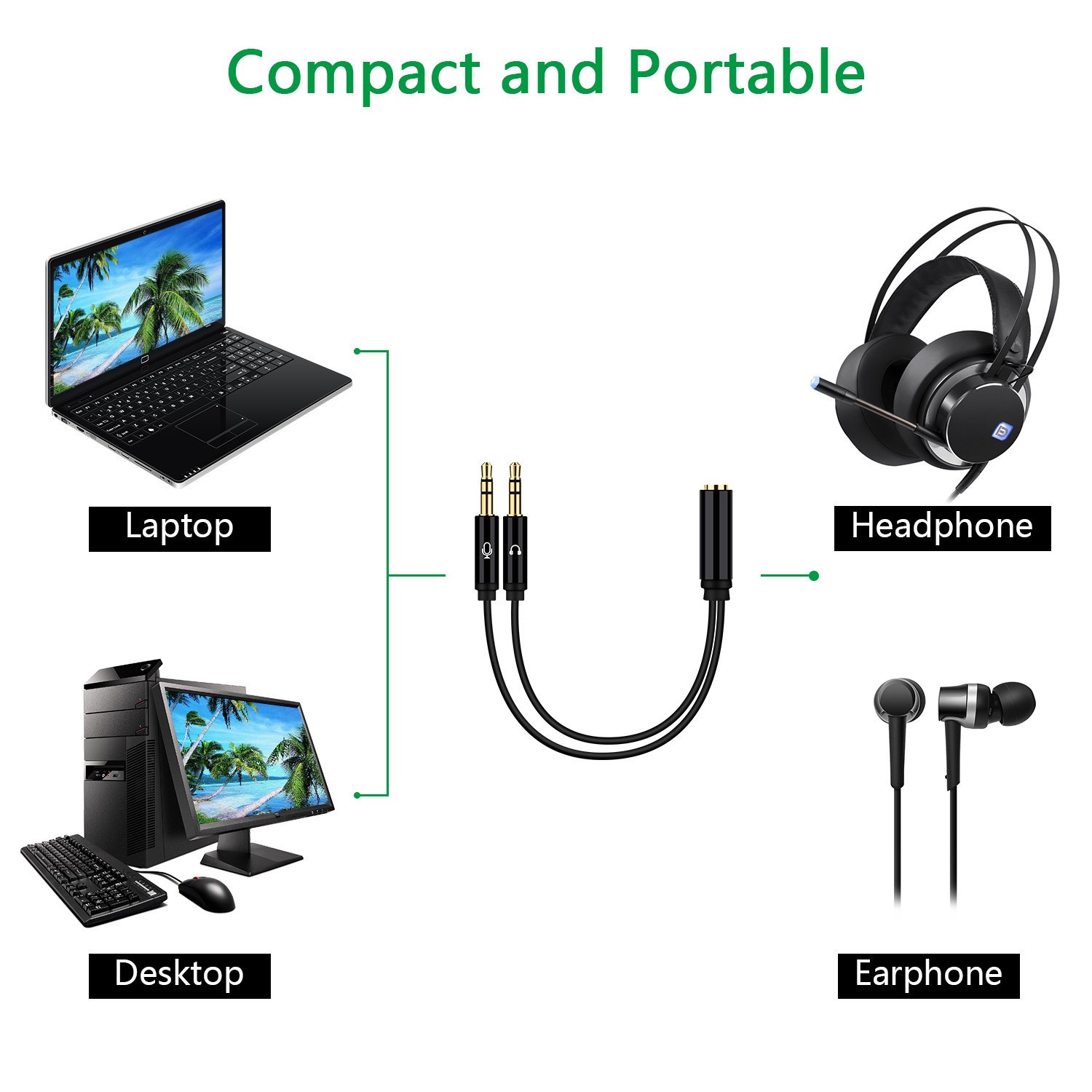 Headphone Microphone cable, Topoint Audio/Mic Splitter, 3.5mm Female to Dual 3.5mm Male Audio/Mic Splitter for Speaker, Headphones, 2 Packs